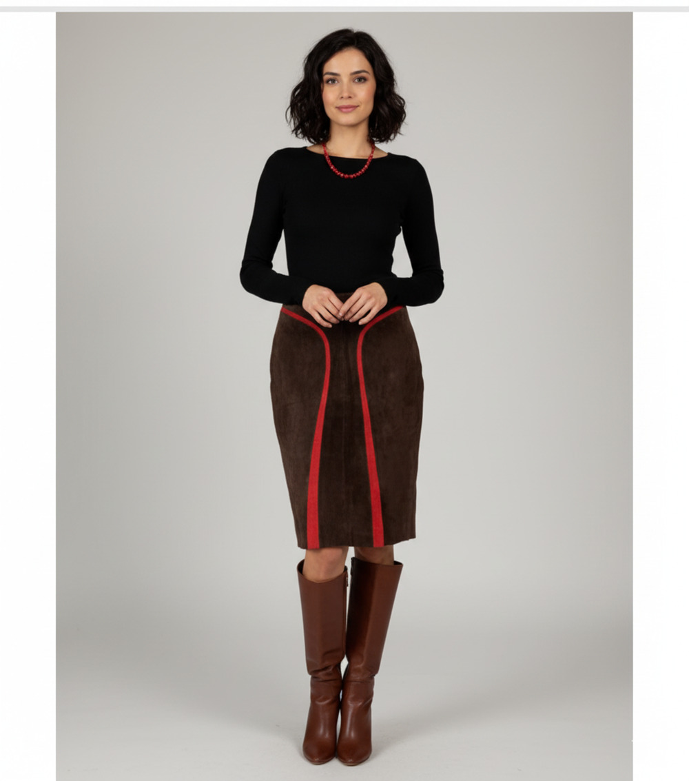 Vintage Statement Red contour striped Brown Suede Leather pencil Skirt W-29